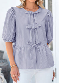 Striped Round Neck Front, Lace Up Bubble Sleeves Tops