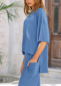 Short Sleeve Pullover Tops And Wide Leg Pants Two Piece Sets