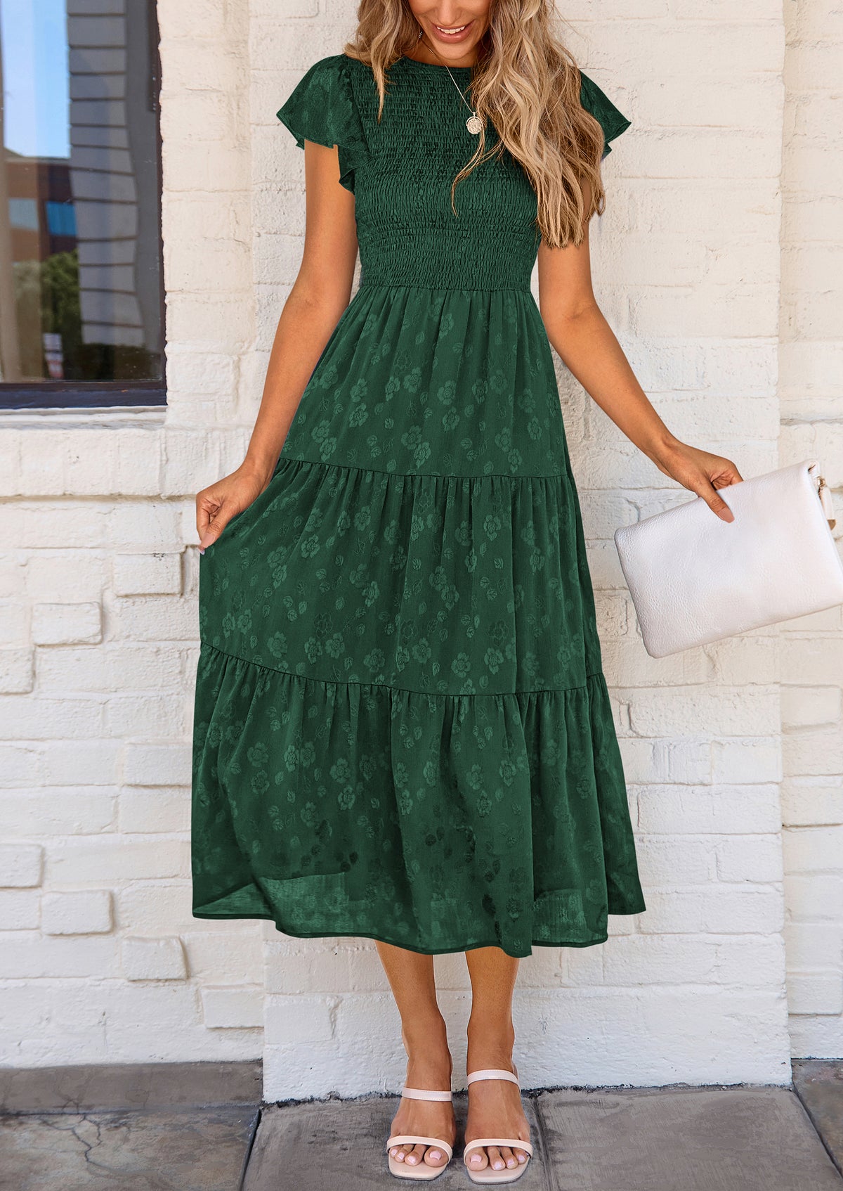 Floral  Summer Cap Sleeve Smocked Ruffle A Line Long Flowy Wedding Guest Midi Dresses
