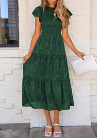 Floral  Summer Cap Sleeve Smocked Ruffle A Line Long Flowy Wedding Guest Midi Dresses