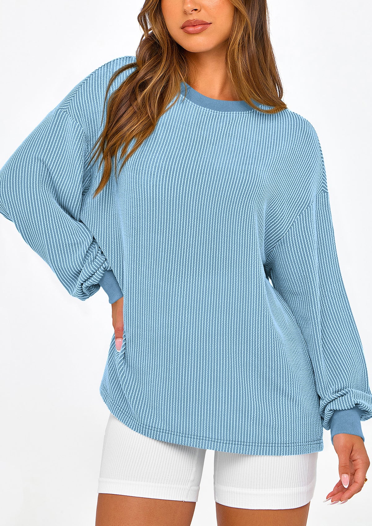 Long Sleeve Casual Loose Crew Neck Ribbed Blouse