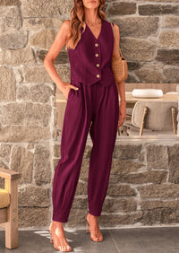 Cotton Deep V Neck Button Front Cropped Vest Pants With Pockets Two Piece Sets