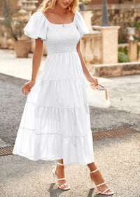 Casual Short Sleeved Square Neck Layered Pleated Dress