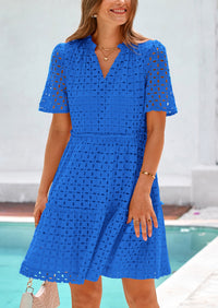 Short Sleeve V Neck Hollow Out Eyelet Ruffle A Line Swing Mini Dress