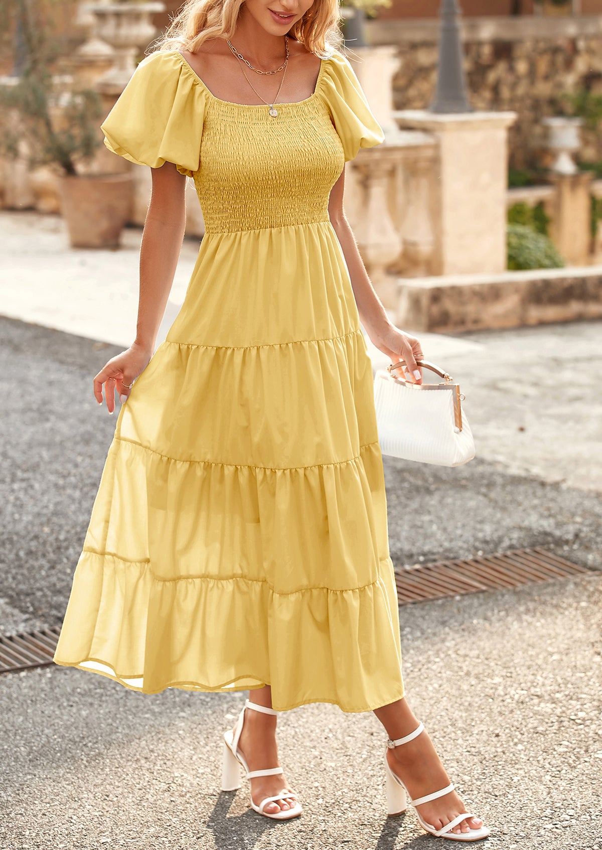 Casual Short Sleeved Square Neck Layered Pleated Dress