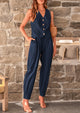Cotton Deep V Neck Button Front Cropped Vest Pants With Pockets Two Piece Sets