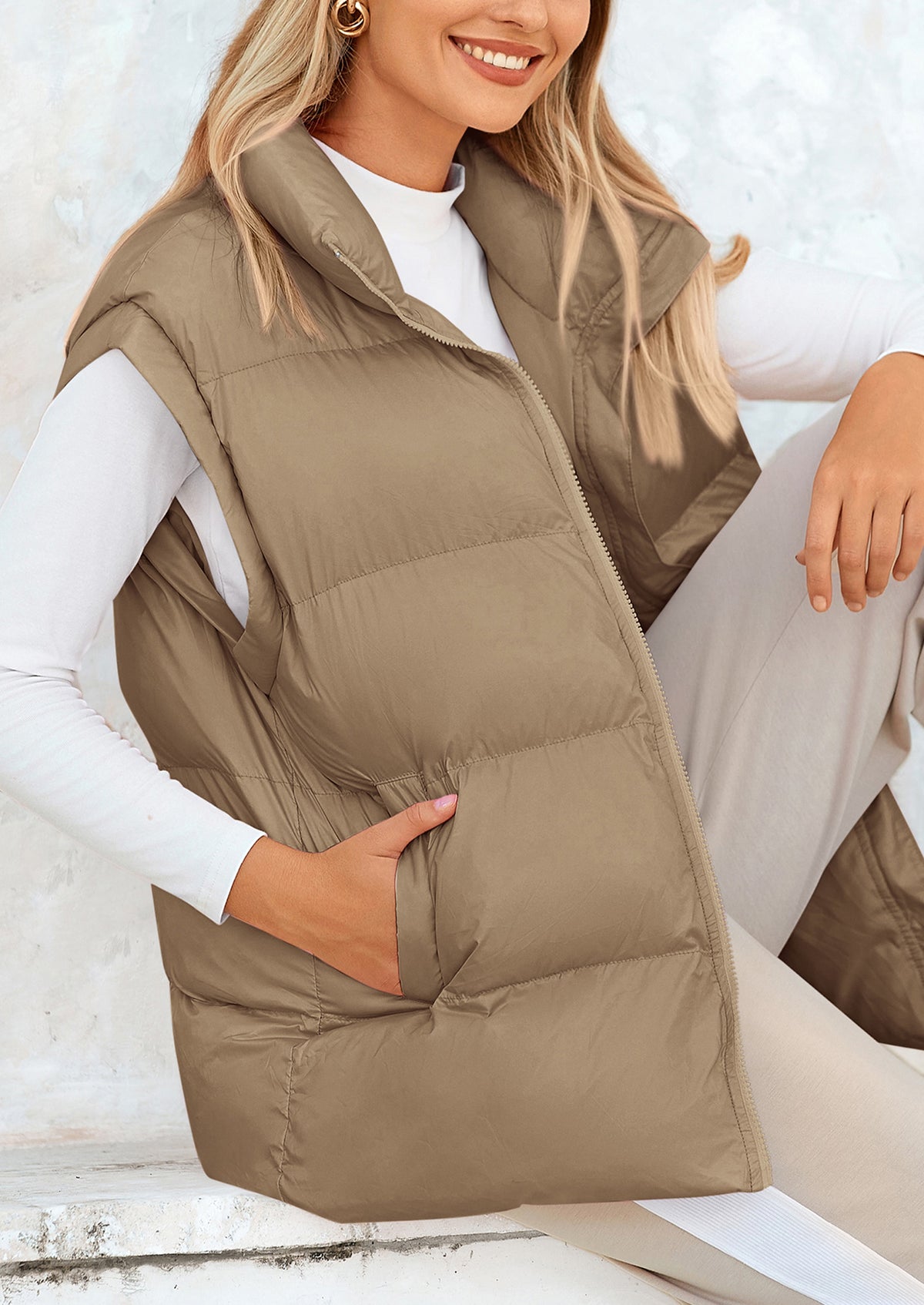 Casual Stand Collar Lightweight Sleeveless Zip Up Padded Coats
