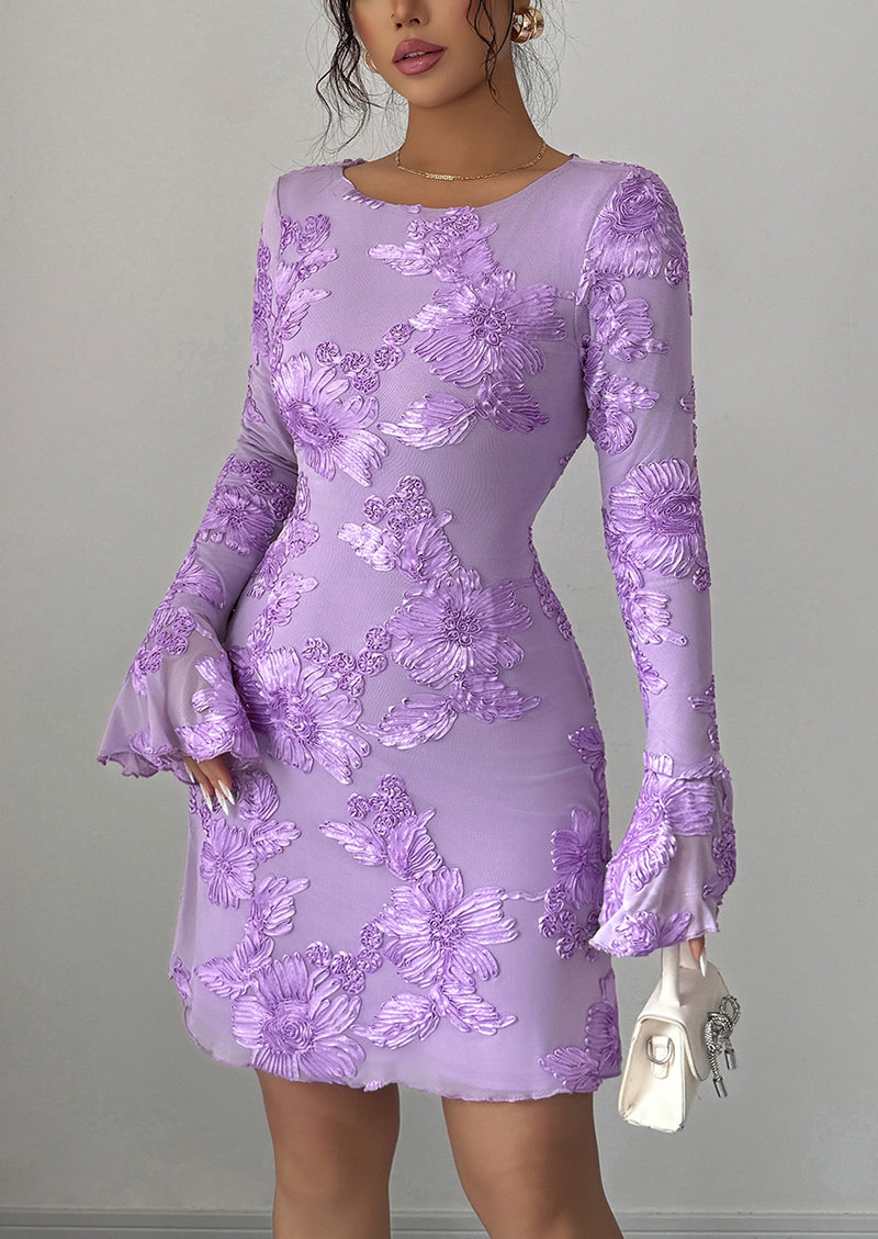 PRETTYGARDEN Women's Floral Embroidered Dress Fall Long Bell Sleeve Ribbon Flower Mini Short Mesh Bodycon Party Dresses