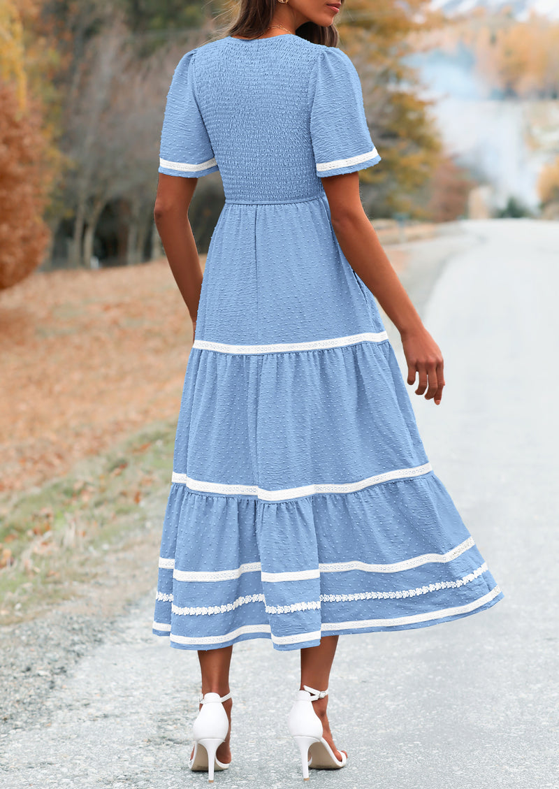 PRETTYGARDEN Women's Casual Summer Maxi Dress Short Sleeve Swiss Dot V Neck Smocked Long Flowy Beach Dresses