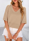 PRETTYGARDEN Women's Short Sleeve Sweater Tops Spring Summer Casual V Neck Ribbed Knit Trendy Eyelet Blouse T Shirts