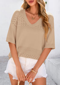 Short Sleeved Casual V-Neck Knitted Small Eye Shirt