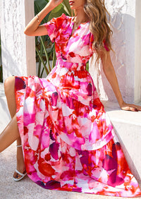 Boho Floral Short Sleeve V Neck A Line Tiered Ruffle Flowy Long Beach Vacation Maxi Dresses