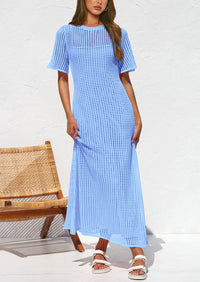 Eyelet Beach Vacation Resort Short Sleeve Hollow Out Dress Cover Up Maxi Dresses