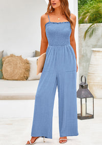 Linen Smocked Spaghetti Strap Pockets Wide Leg Jumpsuits