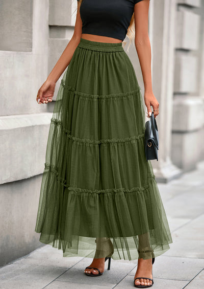 PRETTYGARDEN Maxi Skirts for Women Fall Tulle High Waisted Ruffle Flowy A-Line Long Skirt Country Concert Outfits