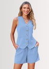 PRETTYGARDEN Women's Summer 2 Piece Outfits Sleeveless Matching Sets Button Down V Neck Vest Waistcoat and Pockets Shorts