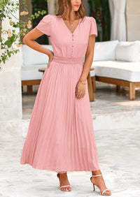 Casual Button V Neck Ruffle Cap Sleeve Long Flowy Pleated Maxi Dresses