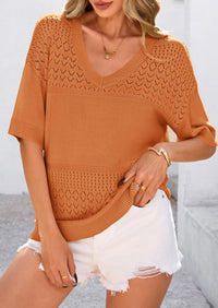 Short Sleeved Casual V-Neck Knitted Small Eye Shirt