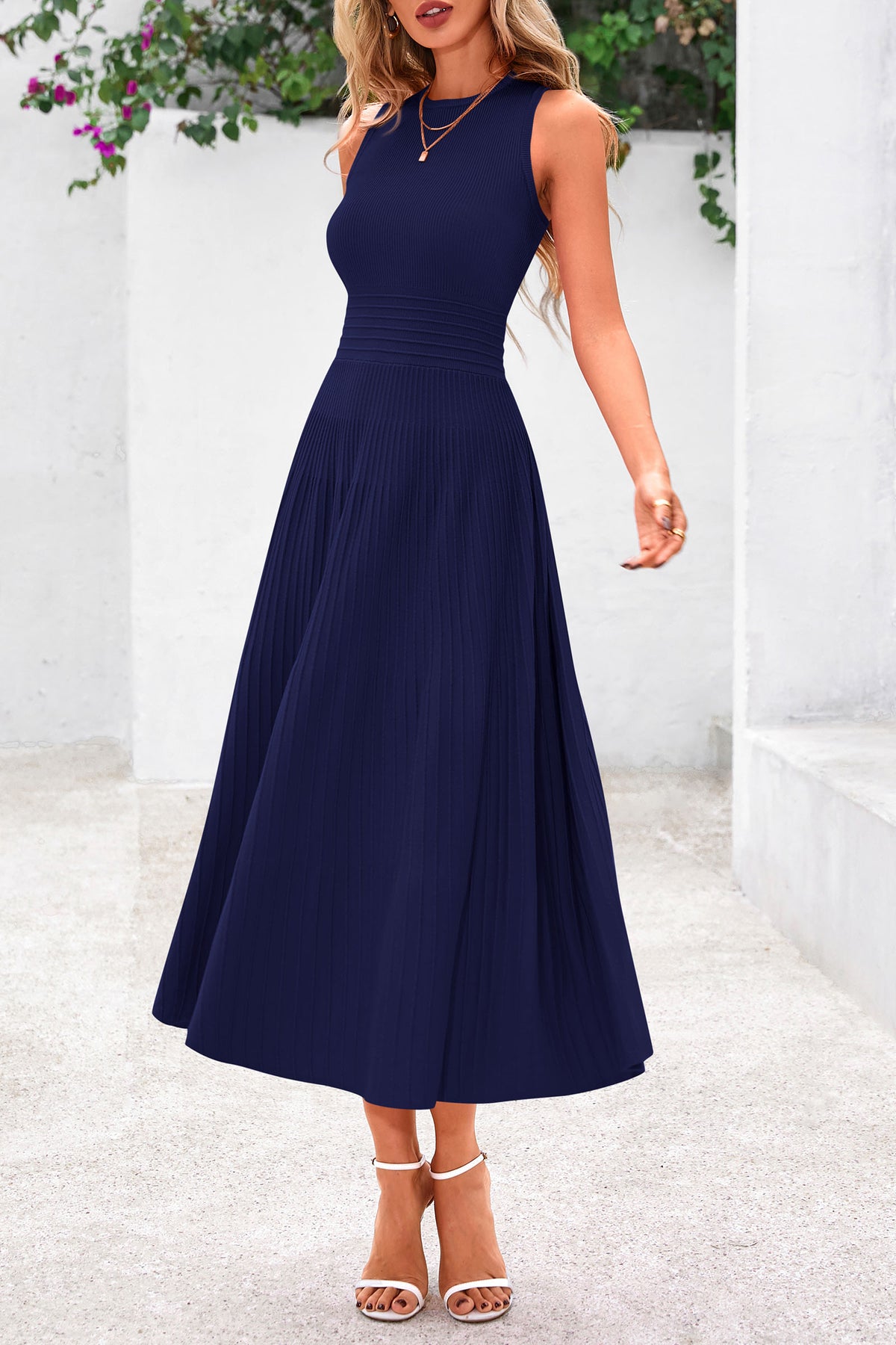 Sleeveless Crew Neck Knit A Line Pleated Swing Wedding Guest Casual Midi Dresses