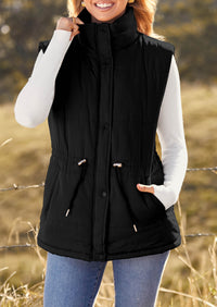 Casual Button Zipper Vest, Drawstring Sleeveless Jacket