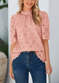 Short Sleeve Eyelet Embroidered Dressy Casual Blouse