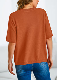 Button Down Casual Short Sleeve Crew Neck Ribbed Knit Shirts