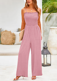 Linen Smocked Spaghetti Strap Pockets Wide Leg Jumpsuits