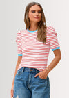 PRETTYGARDEN Women's Summer Puff Sleeve Tops Casual Ribbed Knit Crop Top Color Block Trendy Crewneck Striped Shirts