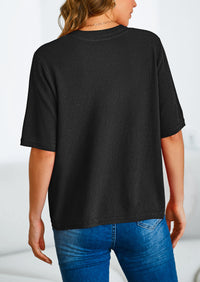 Button Down Casual Short Sleeve Crew Neck Ribbed Knit Shirts
