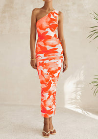 One Shoulder Bodycon Printed Ruched Mesh Party Cocktail Fitted Long Dress