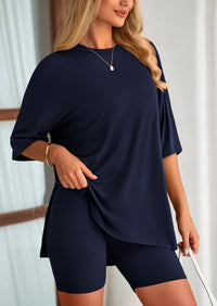 Casual Short Sleeved Round Neck Top Paired With Shorts Two-Piece Set