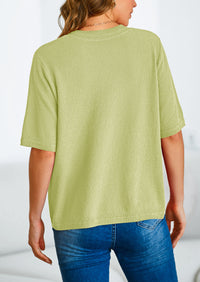 Button Down Casual Short Sleeve Crew Neck Ribbed Knit Shirts