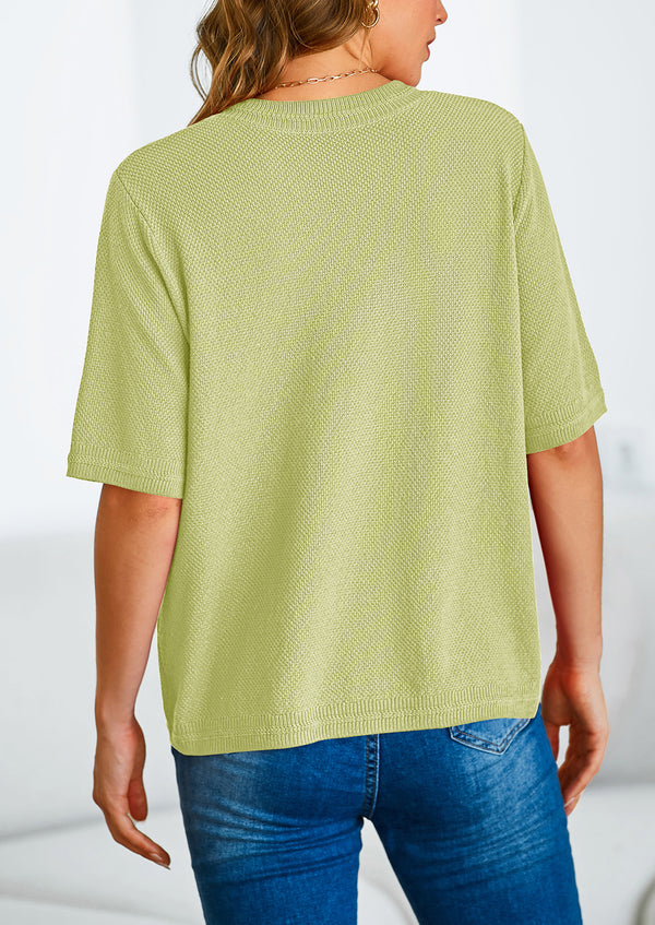 Button Down Casual Short Sleeve Crew Neck Ribbed Knit Shirts