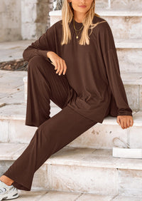 Long Sleeve High Low Tops T-Shirts Wide Leg Pants Two Piece Sets