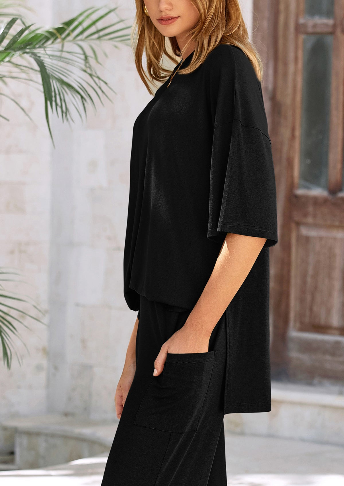 Casual Slit Short Sleeved Top, Loose Wide Leg Pants Two-Piece Set