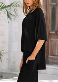 Casual Slit Short Sleeved Top, Loose Wide Leg Pants Two-Piece Set
