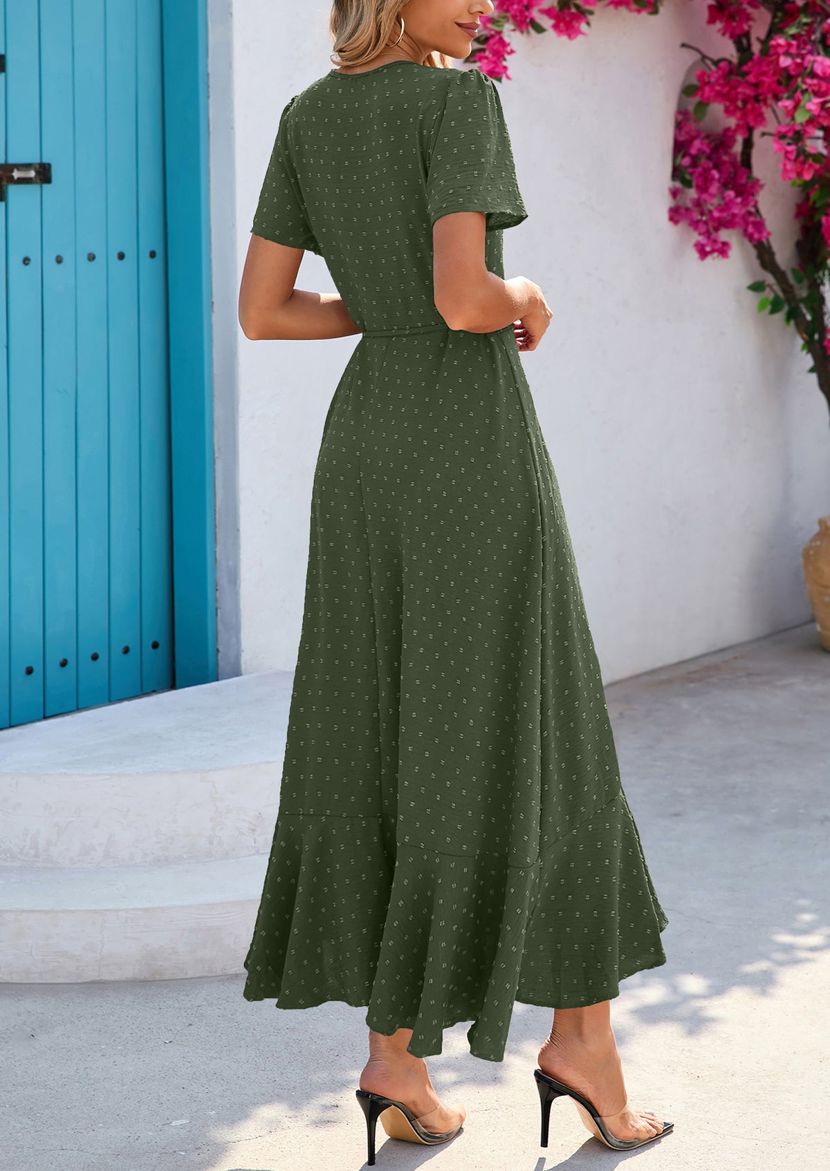 Leisure Bohemian Flower V-Neck Short Sleeved Ruffled Beach Long Skirt