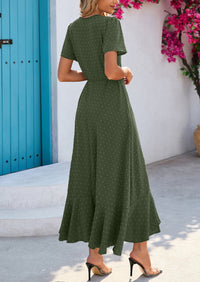 Leisure Bohemian Flower V-Neck Short Sleeved Ruffled Beach Long Skirt