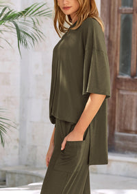 Short Sleeve Pullover Tops And Wide Leg Pants Two Piece Sets