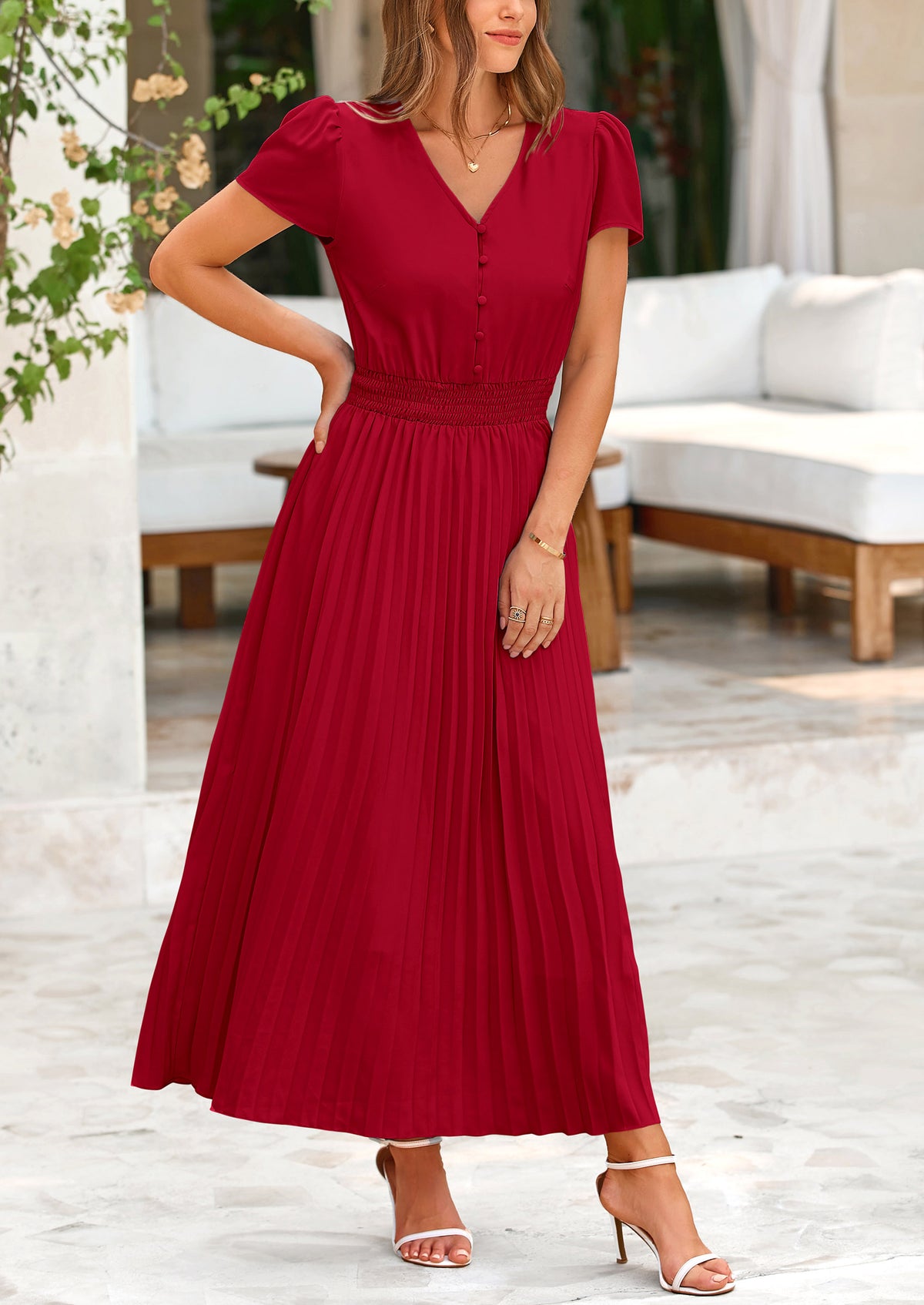 Casual Button V Neck Ruffle Cap Sleeve Long Flowy Pleated Maxi Dresses
