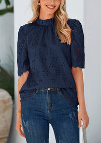 Short Sleeve Eyelet Embroidered Dressy Casual Blouse