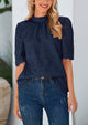 Short Sleeve Eyelet Embroidered Dressy Casual Blouse