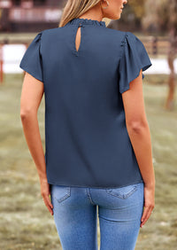 Satin Dressy Casual Ruffle Short Sleeve Crew Neck Work Party Blouses