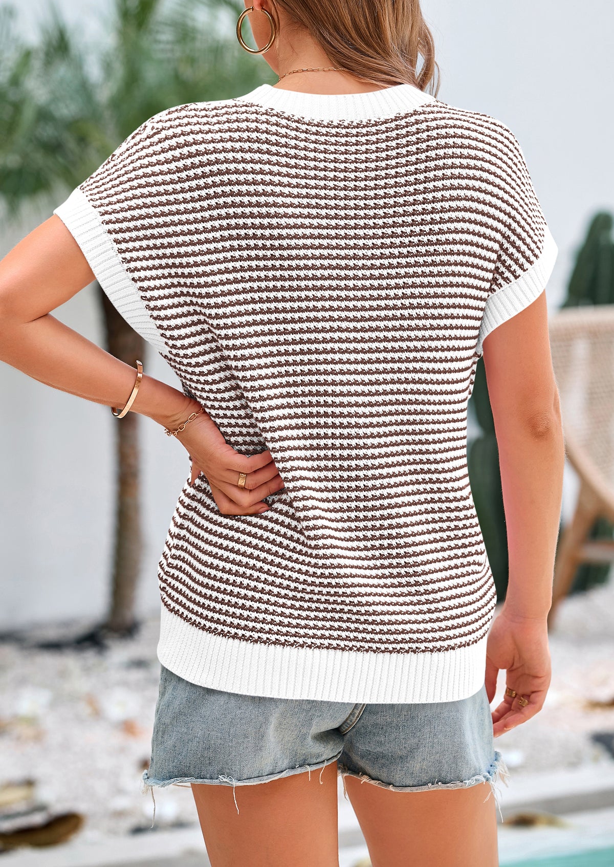 Short Sleeve Round Neck Striped Pullover Cap Sleeve Knit T-shirt