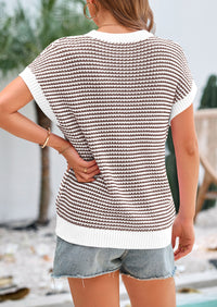 Short Sleeve Round Neck Striped Pullover Cap Sleeve Knit T-shirt