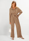 PRETTYGARDEN 2 Piece Textured Sets Casual Button Down Shirt Wide Leg Pants Outfit Loungewear Tracksuit