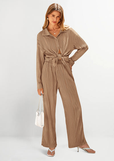 PRETTYGARDEN 2 Piece Textured Sets Casual Button Down Shirt Wide Leg Pants Outfit Loungewear Tracksuit