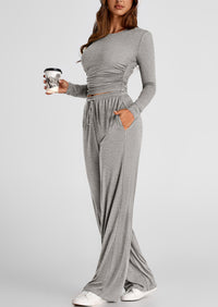 Long Sleeve Crop Tee Wide Leg Pants Two Piece Sets