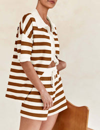Casual Short Sleeve Striped Beach Vacation 2 Piece Shorts Sets