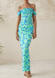 Ruched Bodycon Off Shoulder Floral Mesh Cocktail Party Fitted Maxi Dress